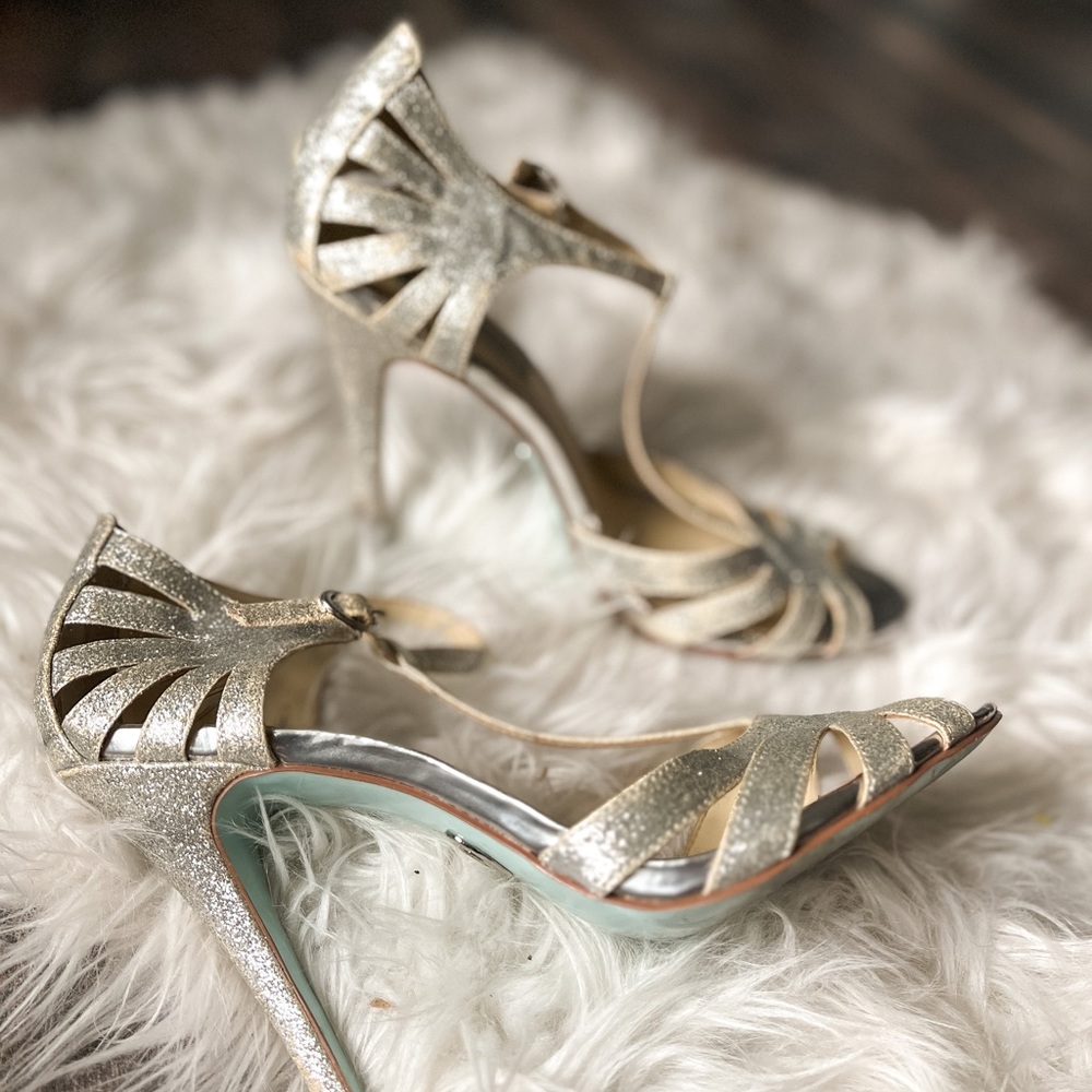 Blue by Betsey Johnson Silver Glitter T-Strap Wedding Heels, Size 9